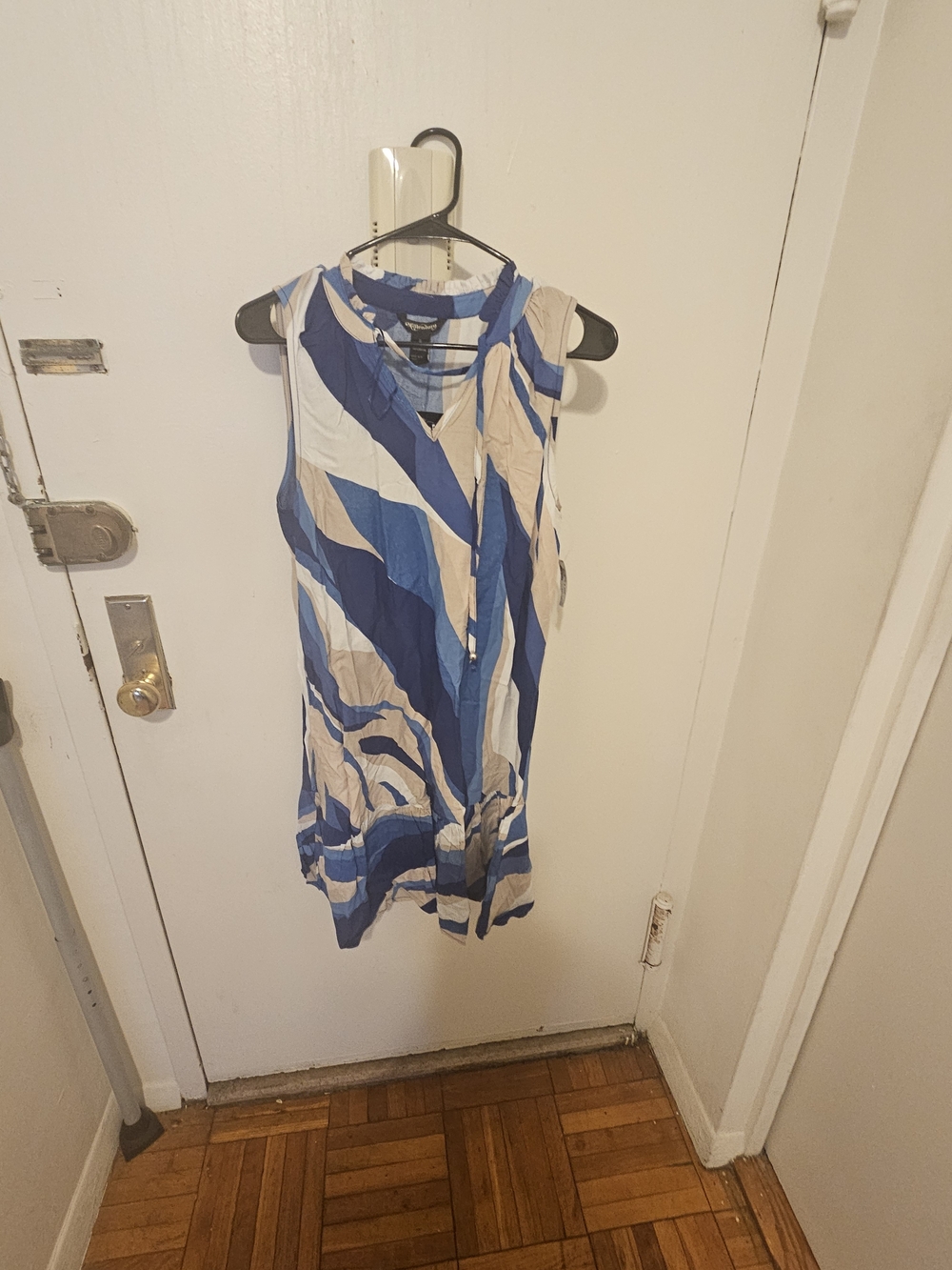Sleeveless Blue & Cream Wave Print Dress
